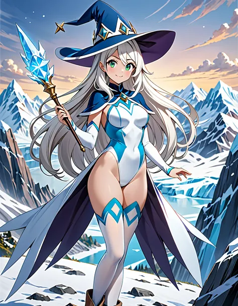 masterpiece, best quality, high res, 8k, 1girl, superhero, holding wand, witch academia, superhero sorceress witch, glamorous angewoman digimon, sky witch, by Aguri Uchida, maya ali as an ice mage, perfect anatomy, (leotard, solid white leotard with flores...