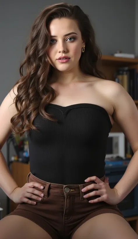 cinematic close up photo of a very slightly chubby actress, face closeup front, studio room, brightly lit, sitting, legs wide open, hands on the hips, black sleeveless tight t shirt with spaghetti strap, denim short jeans brown .35mm photograph, film, boke...