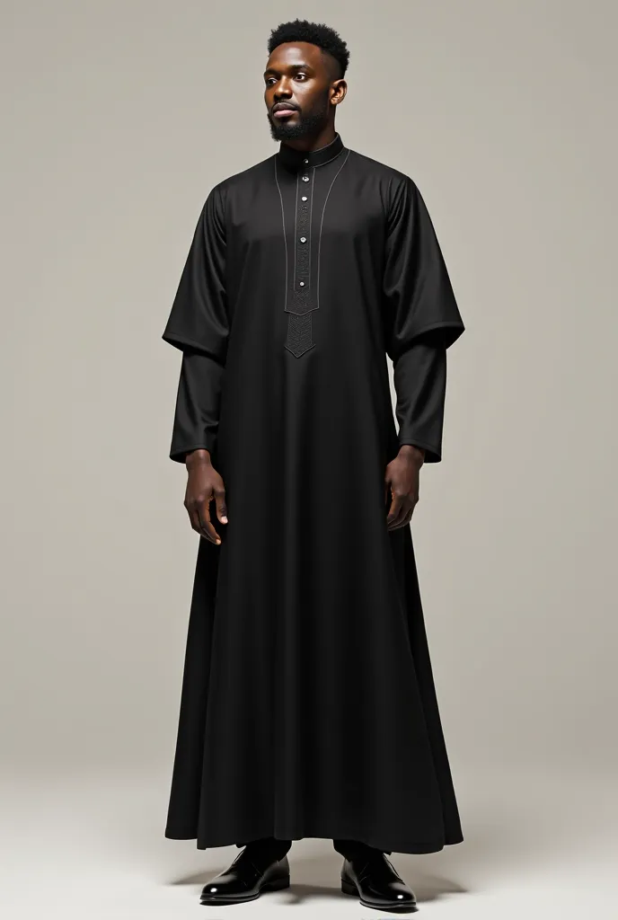 I want a black man who wears a pretty black qamis, a simple and unique qamis with classy pants and shoes.