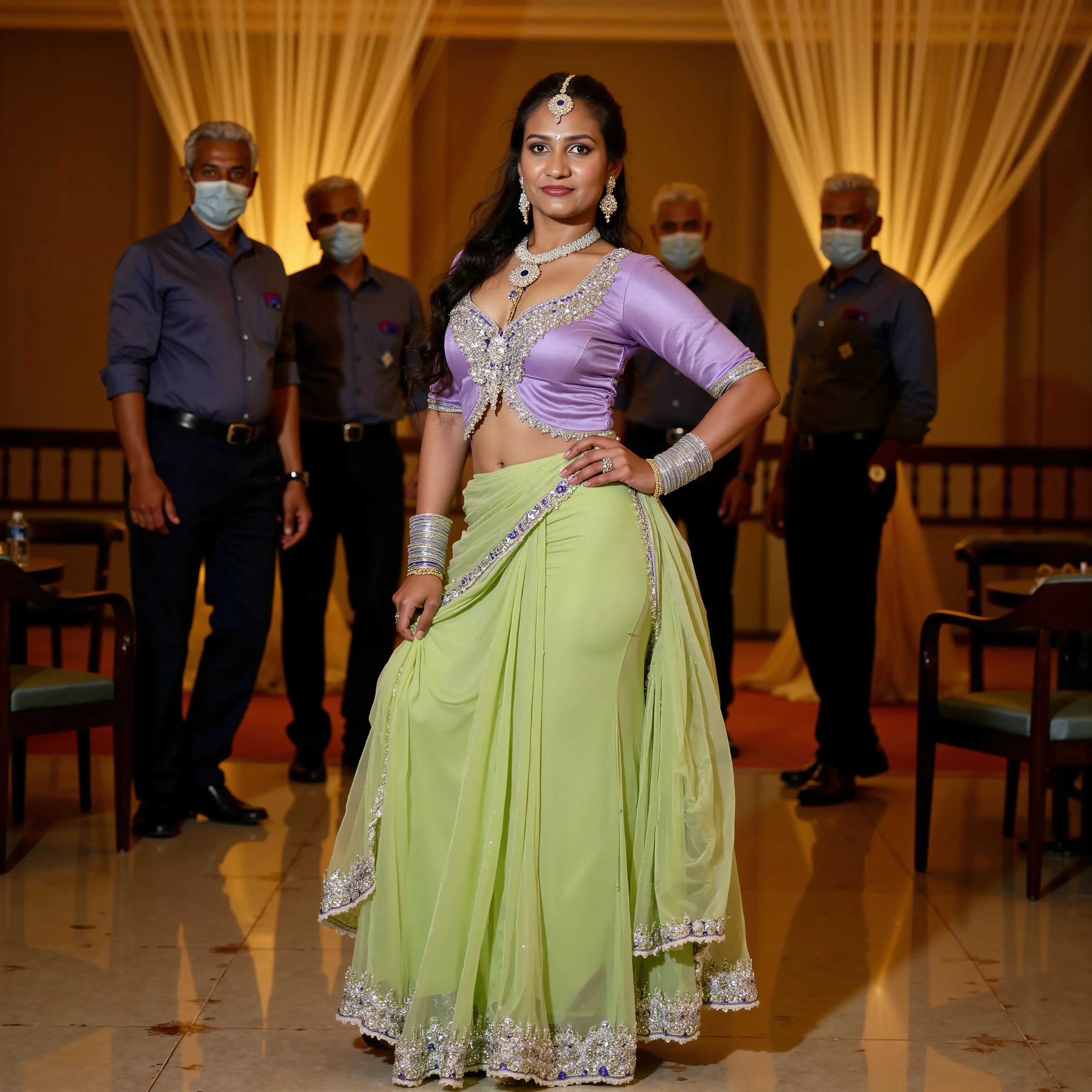 Ultra-HD 8K, a stunning South Indian woman elegantly poses in a glamorous pastel green and lavender Indo-Western dance ensemble, inspired by vintage Bollywood and Tollywood aesthetics. Her fitted lavender silk blouse, adorned with intricate silver embroide...