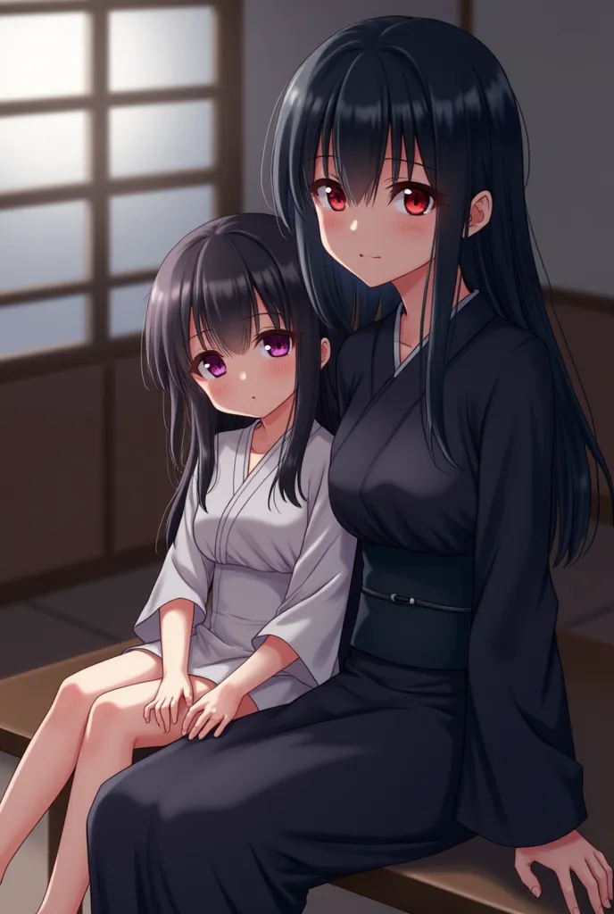 Mother and daughter, 2girls, sitting, looking at viewer, half nude, bare shoulders, no shoes, breasts, ass, black kimono, heterochromia, red right eye, purple left eye, natural expression, long-black hair, cinematic lighting, hyper-detailed, ultra-realisti...