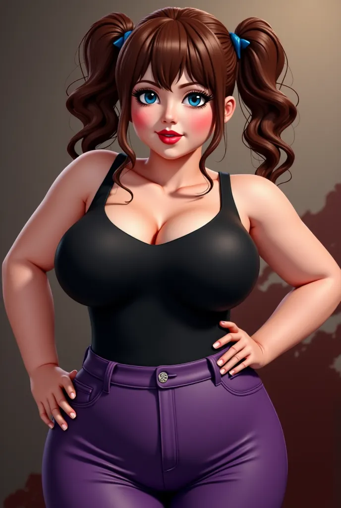 Voluptuous futanari with pale skin, wavy brown hair in loose pigtails, blue eyes, big plump breasts, wide hips, and full lips dressed in a black tanktop, and purple pants 