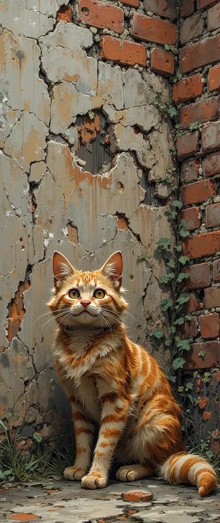 A shaggy, dirty, red-haired cat sits by a broken dirty brick wall with traces of old plaster and peeling paint of various colors, chips, many deep cracks, grass, ivy on the wall, a trickle of water, muted, natural colors, side light, low angle, high detail...