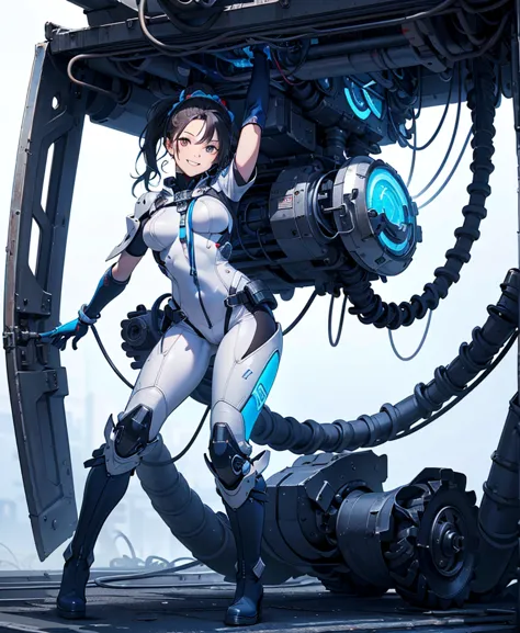 (Very Elaborate CG,Unity4K Wallpaper,top quality,masterpiece,Official Art)
( moderate bust, Friendly Smiles,Detailed facial expression,high ponytail,full body,Model stand,long hard boots ,exoskeleton, gloves up to the elbow )
( blue glowing parts ,cable,Co...