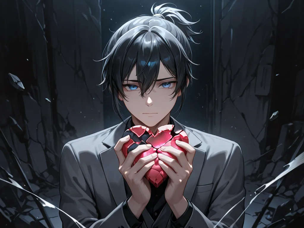 Black hair, blue eyes, mini ponytail, gray suit, holding a piece of a broken heart, dark broken background, A BOY, ALONE, a bit more 