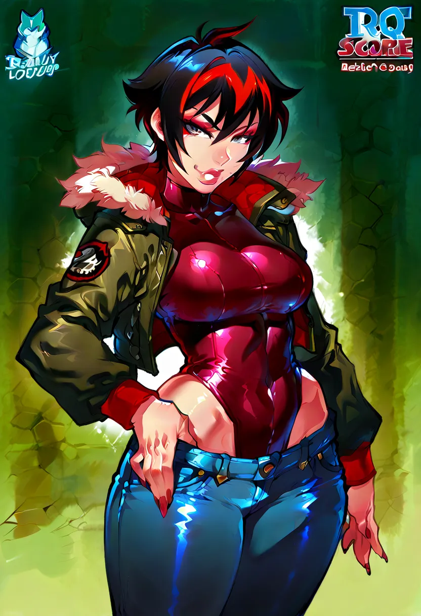 score_9, score_8_up, score_7_up, 
 ,red and black multicolored haired girl,black hair with red highlights beautiful,tomboy, big sized breasts,beautiful face,red eyeshadow,beautiful,perfect body ,reiq, black fur trimmed jacket,turtle mech leotard,jeans,, le...