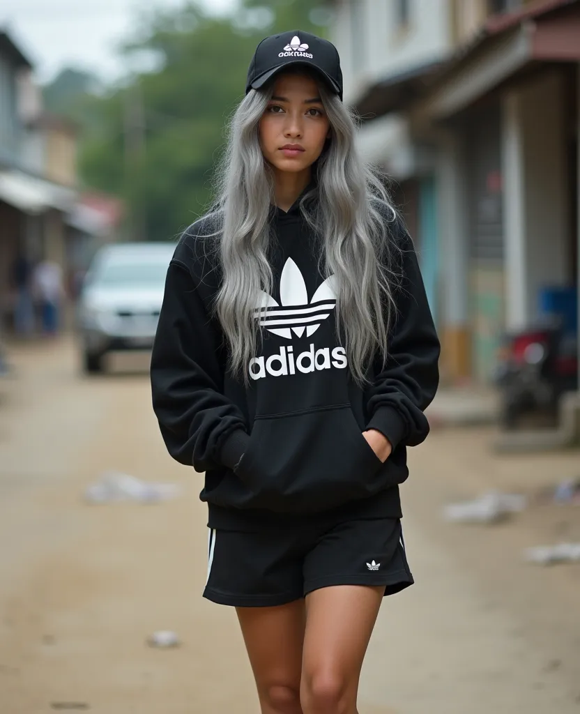 beautiful youthful looking Filipino version of Ariana Grande as a 50 years old woman with long completely gray hair old asian girl, long gray  hair, black eyes, barefoot, wear black adidas cap, wear black adidas hood, wear black adidas short hot pants, bac...