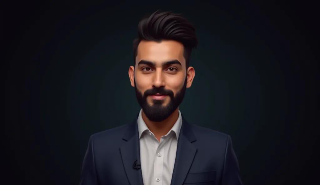 "A realistic AI-generated Pakistani male presenter, aged 25, with a short beard. He has a modern and professional appearance, wearing a sleek suit or smart casual attire. The background is a dark studio setting with deep, rich colors and professional light...