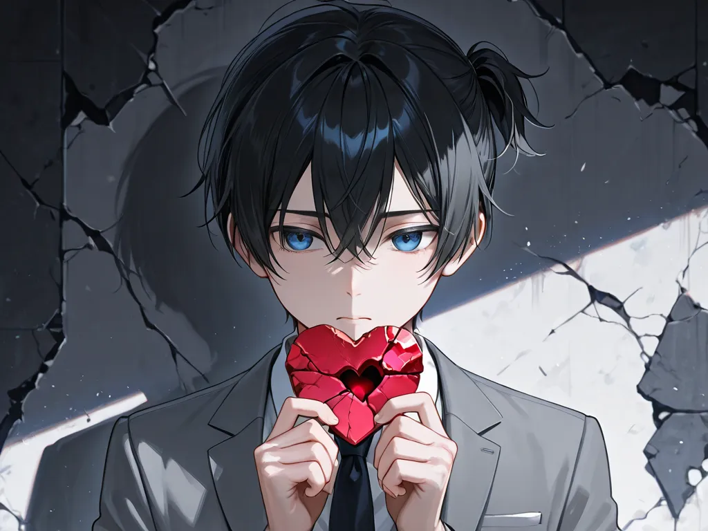 Black hair, blue eyes, mini ponytail, gray suit, holding a piece of a broken heart, dark broken background, A BOY, ALONE, young