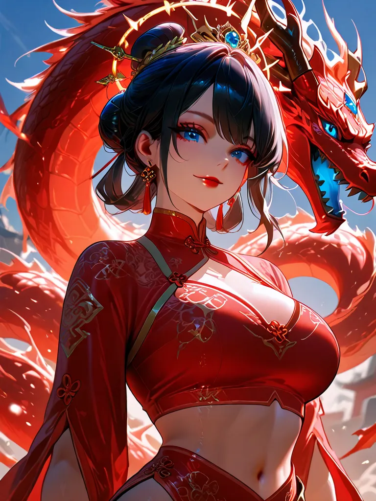 1 girl, she has a dragons pets, breasts, black_hair, blue_eyes, red_lips, navel, chinese_clothes, earrings, jewelry, hair_bun, smile, looking_at_viewer, queens of dragons, fantasy world, fire from dragons, fit and sensual body, she is a dragon tamer, compl...