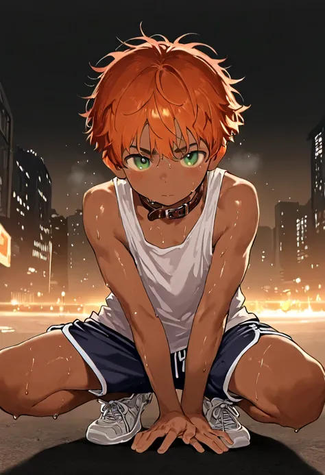 1boy, young male, 18yrs old, brown skin, sweat, dolphin shorts, tank top, fingerless grove, shoes, collar, fighting pose, sunshine, short hair, messy hair, orange hair, green eyes, cinematic lighting, masterpiece, best quality, city square, hong kong
