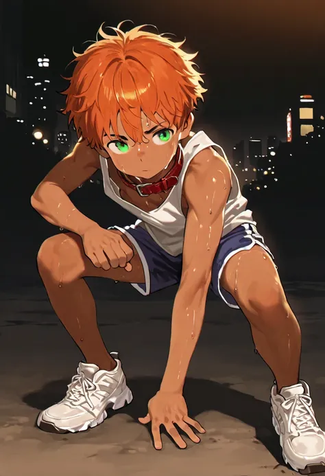 1boy, young male, 18yrs old, brown skin, sweat, dolphin shorts, tank top, fingerless grove, shoes, collar, fighting pose, sunshine, short hair, messy hair, orange hair, green eyes, cinematic lighting, masterpiece, best quality, city square, hong kong