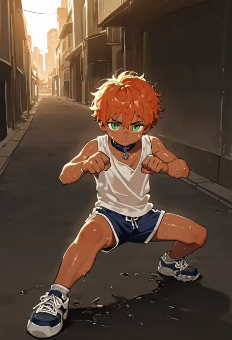 1boy, young male, 18yrs old, brown skin, sweat, dolphin shorts, tank top, fingerless grove, shoes, collar, fighting pose, sunshine, short hair, messy hair, orange hair, green eyes, cinematic lighting, masterpiece, best quality, city square, hong kong