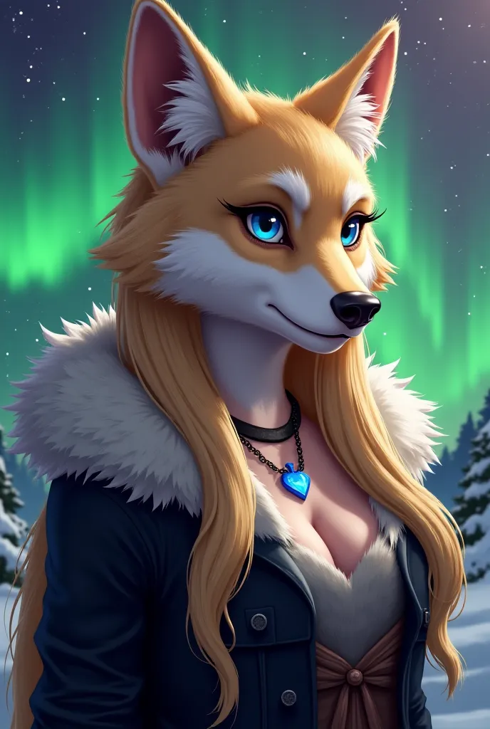 A realistic werewolf with beige and white fur and long hair with bangs on the side. She has blue eyes with a necklace with a sparkling blue heart. She is wearing a black coat with white fur. Green and purple aurora borealis background with a starry moon st...