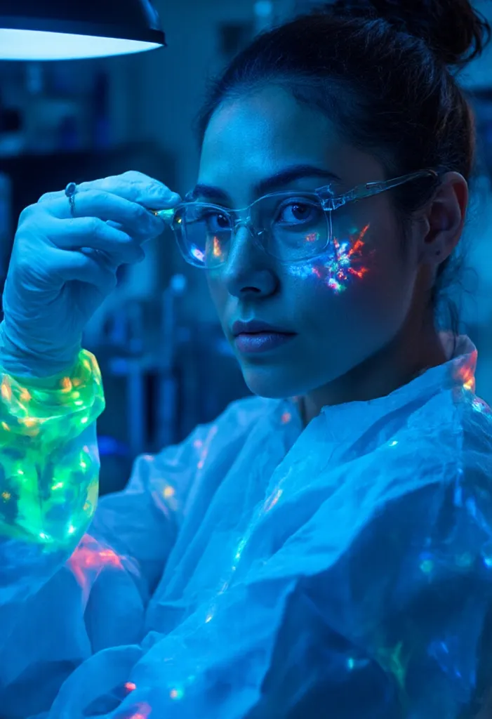 Direct eye contact, A mixed-race bioengineer,  32 years old   , , module manipulates the DNA origami structure using magnetic tweezers ,  The sleeves of the protective clothing leak out of fluorescent viral fluid ,  The genetic gun in the evaporation chamb...