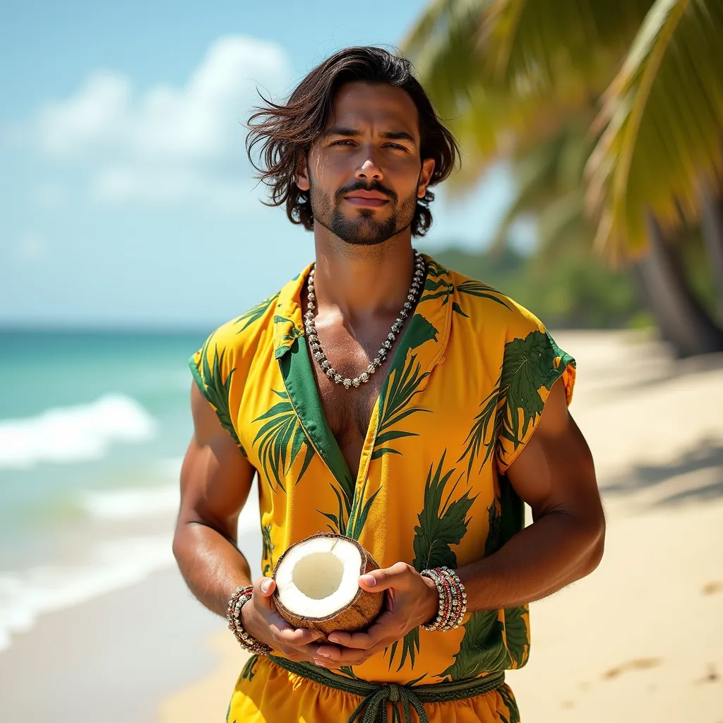 Image of a handsome Hawaiian man wearing a yellow and green traditional beach outfit, complete with intricate jewelry adorning his hair and arms. His neatly styled hair flows slightly in the breeze, adding to his strong, natural presence. He stands at the ...