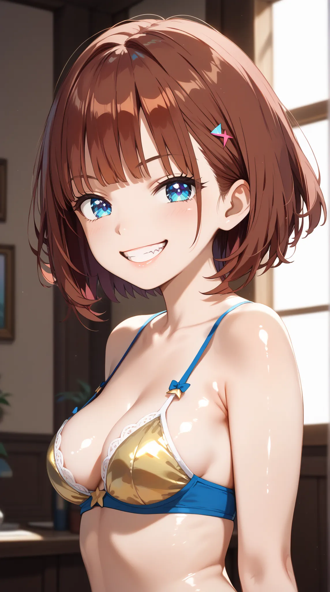 (UHD, retina, masterpiece, accurate, anatomically correct, super detail, high details,  highres, 1080P, 16k:1.3)、(dark auburn hair, short hair, blue eyes, bangs:1.3)、(medium breasts:1.3)、(Shiny skin:1.3)、(Toothy grin:1.3)、(looking at viewer:1.3), horny bab...