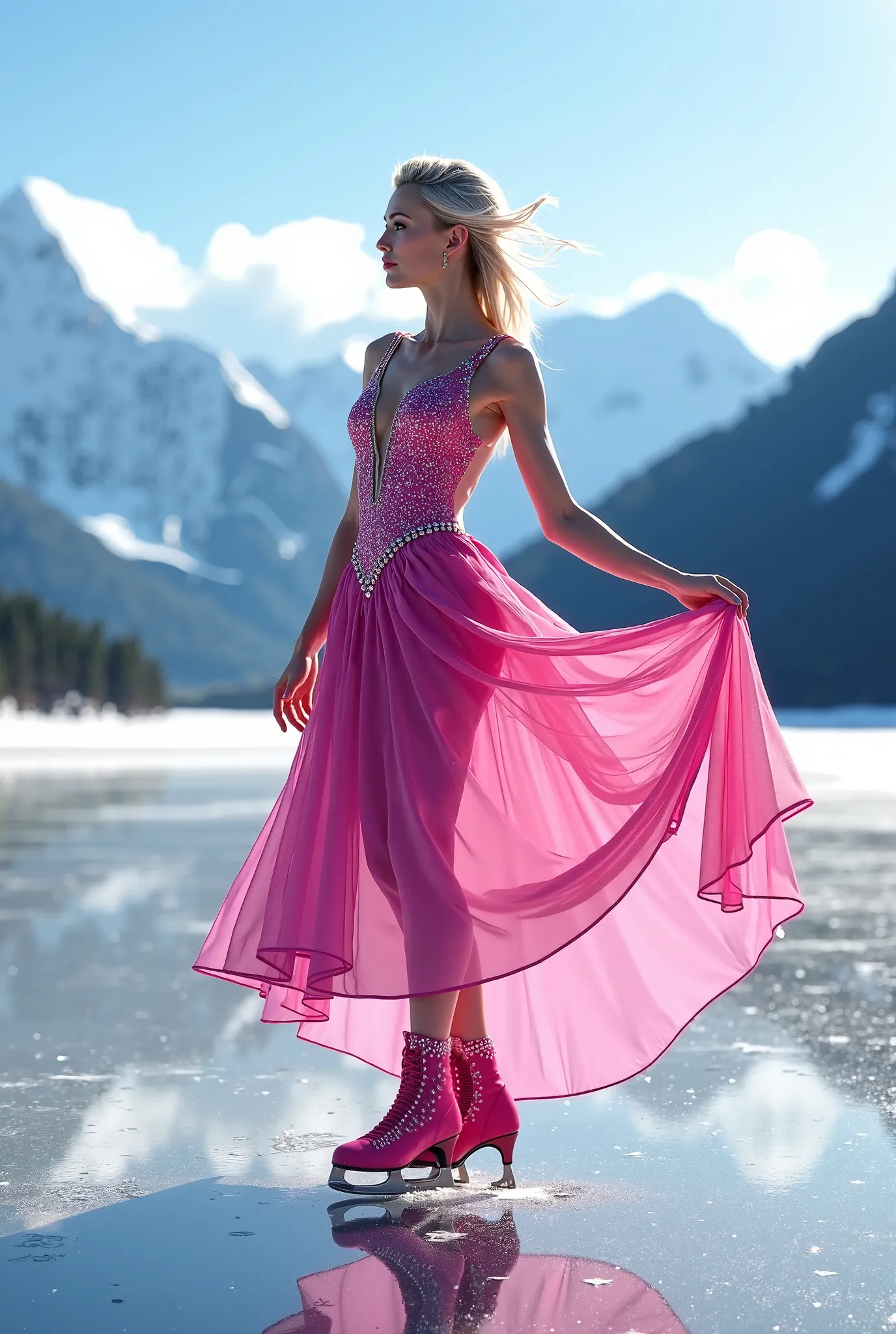 Ultra-realistic, photo-realistic, a Swedish ice queen, fuchsia figure skater dress, suntan pantyhose, fuchsia high heel ice skates, standing on a frozen lake 