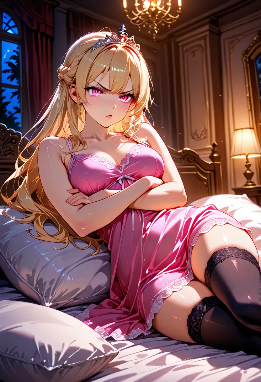 princess tiara, black thigh highs, pink nightgown, sexy pose, royal bedroom, night time, beautiful lighting, nsfw, long blonde hair, french braid, sleeveless, pink eyes, medium breasts, mature, detailed lips, angry, arms crossed, laying on bed, on back