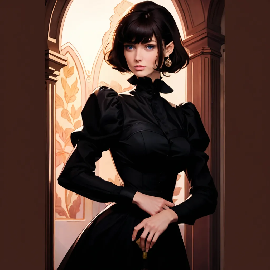 (Realistic:1.5), {-erro_de_anatomia:1.0} woman 21 years old, black victorian dress, (Pointy Elf Ears:1.5), (Purple eyes:1.2), black hair, , Purple Eyes, short hair, bang, 1968s style, on the saloon, baile, looking at viwer, upper body, dark background, can...