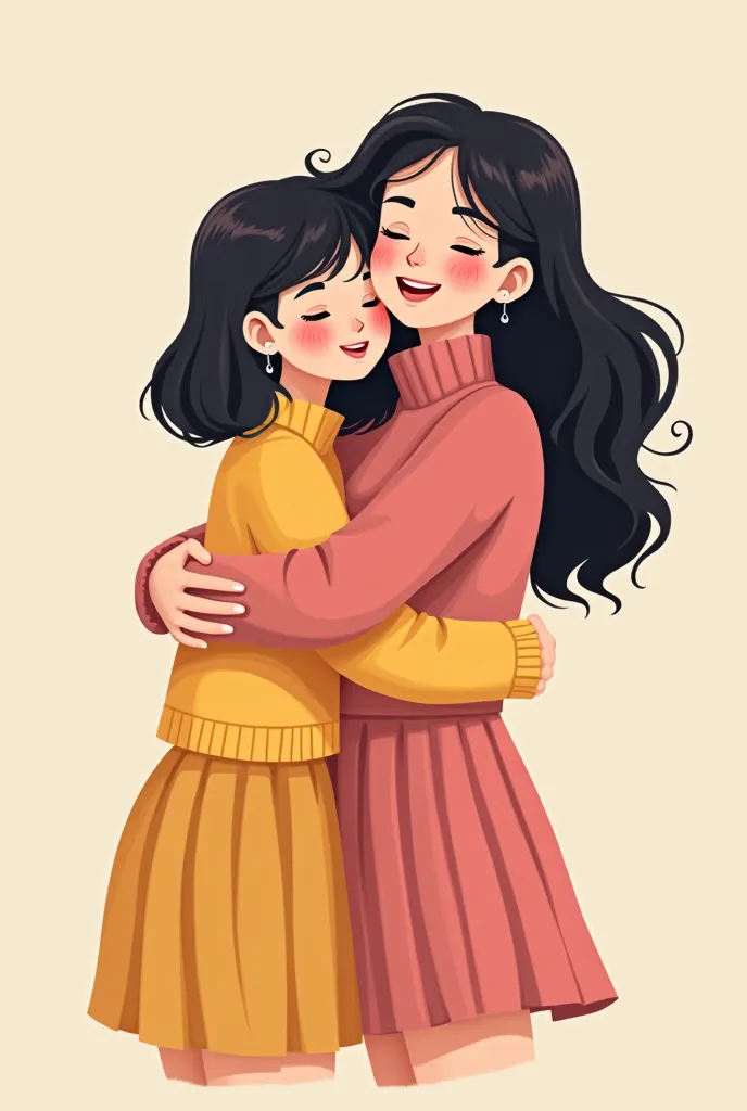 create an image of two s embracing, one of them has straight hair, and she has a shorter height, and the other one has dark wavy hair and she's taller. The cartoon style is the cutest cartoon