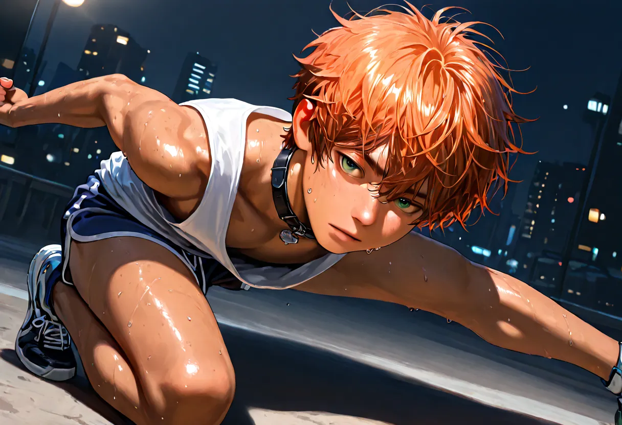 1boy, young male, 18yrs old, brown skin, sweat, dolphin shorts, tank top, fingerless grove, shoes, collar, fighting pose, sunshine, short hair, messy hair, orange hair, green eyes, cinematic lighting, masterpiece, best quality, city square, hong kong, real...