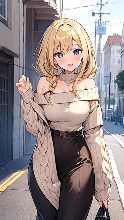 (Masterpiece, Top quality: 1.5), (Hip Length sweater:1.4),(off shoulder:1.3) ,walking, 1 beautiful girl, solo, blond hair, Braided hair, medium hair, wave hair, (:1.2), big breasts, standard weight, smile:1.2, blush:1.4, open mouth, dynamic pose, beautiful...