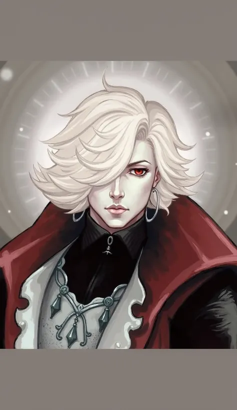  White man, white hair, chin length hair,  chic clothes , Renaissance clothing, red eyes