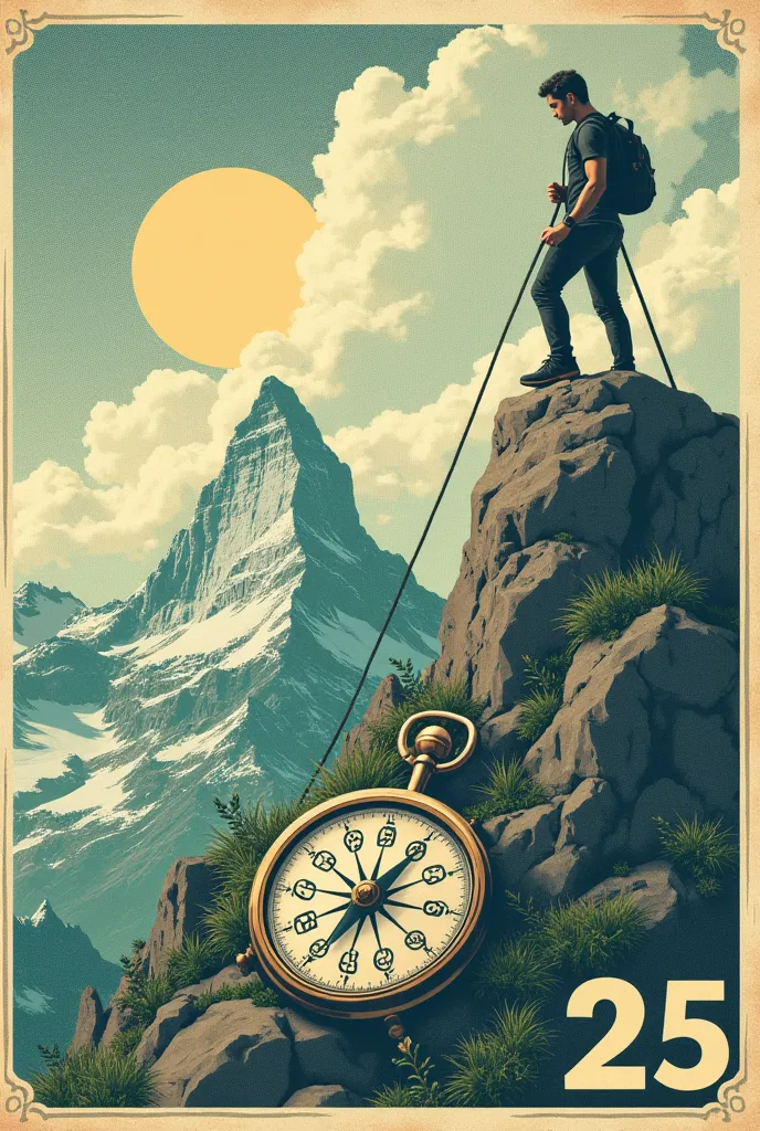 Create me a 25-dollar bill with a natural, a compass and a man who climbs a mountain. everything must be simple, clock and it must represent above all growth, Financial culture/economic and the dreams of young people.