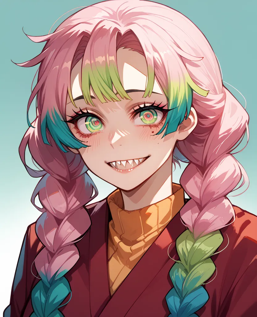 score_9, score_8_arriba, score_7_arriba,   source   _anime, kanroji-mitsuri
Green Eyes, multicolored hair, Twin_braids , spiral eyes ,  smile ,sharp teeth,futanari