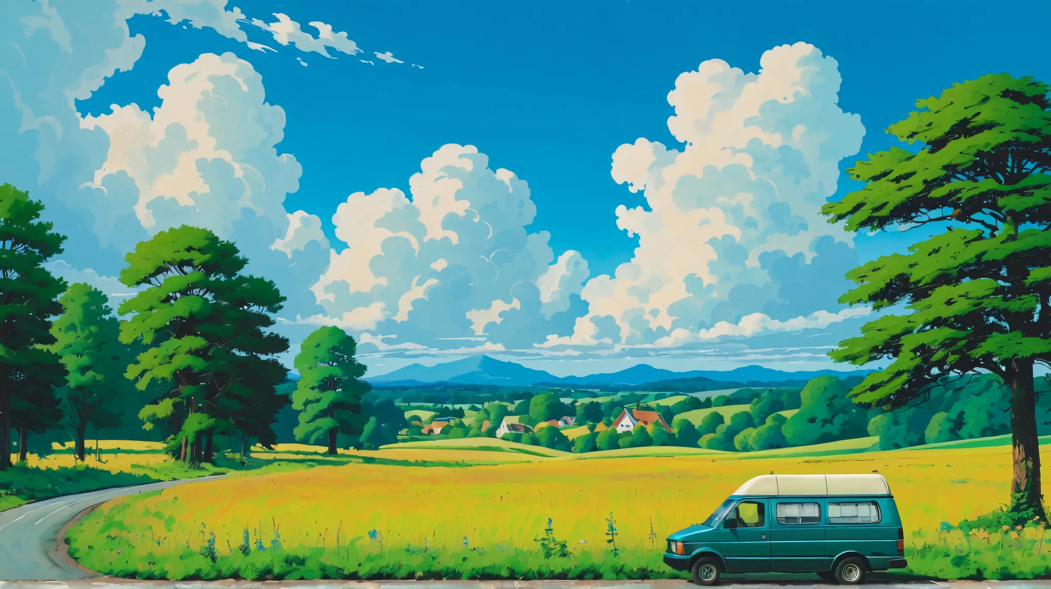 ( simplicity:1.4), van on the street, Art Studio Ghibli, Miyazaki , meadow with blue sky and white clouds