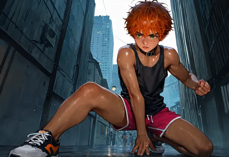 1boy, young male, 18yrs old, brown skin, sweat, dolphin shorts, tank top, fingerless grove, shoes, collar, fighting pose, sunshine, short hair, messy hair, orange hair, green eyes, cinematic lighting, masterpiece, best quality, city square, hong kong, real...