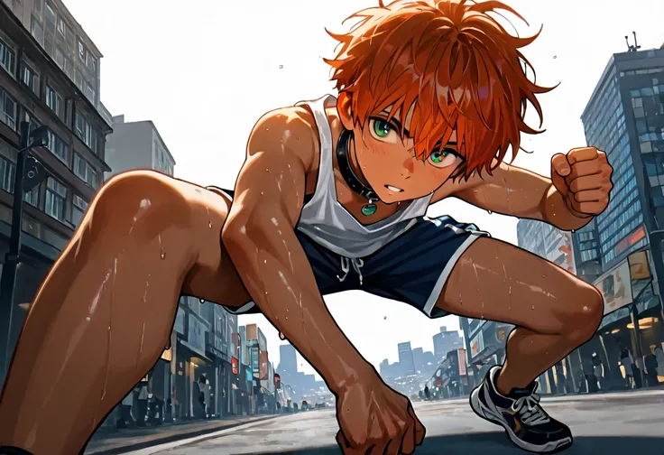 1boy, young male, 18yrs old, brown skin, sweat, dolphin shorts, tank top, fingerless grove, shoes, collar, fighting pose, sunshine, short hair, messy hair, orange hair, green eyes, cinematic lighting, masterpiece, best quality, city square, hong kong
