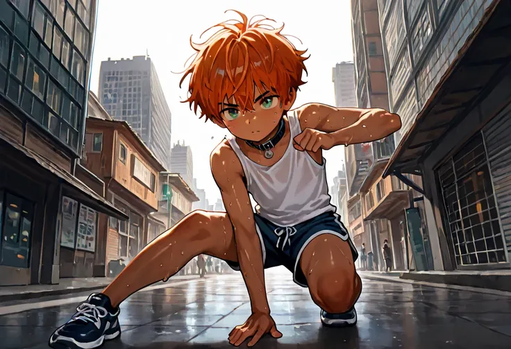 1boy, young male, 18yrs old, brown skin, sweat, dolphin shorts, tank top, fingerless grove, shoes, collar, fighting pose, sunshine, short hair, messy hair, orange hair, green eyes, cinematic lighting, masterpiece, best quality, city square, hong kong