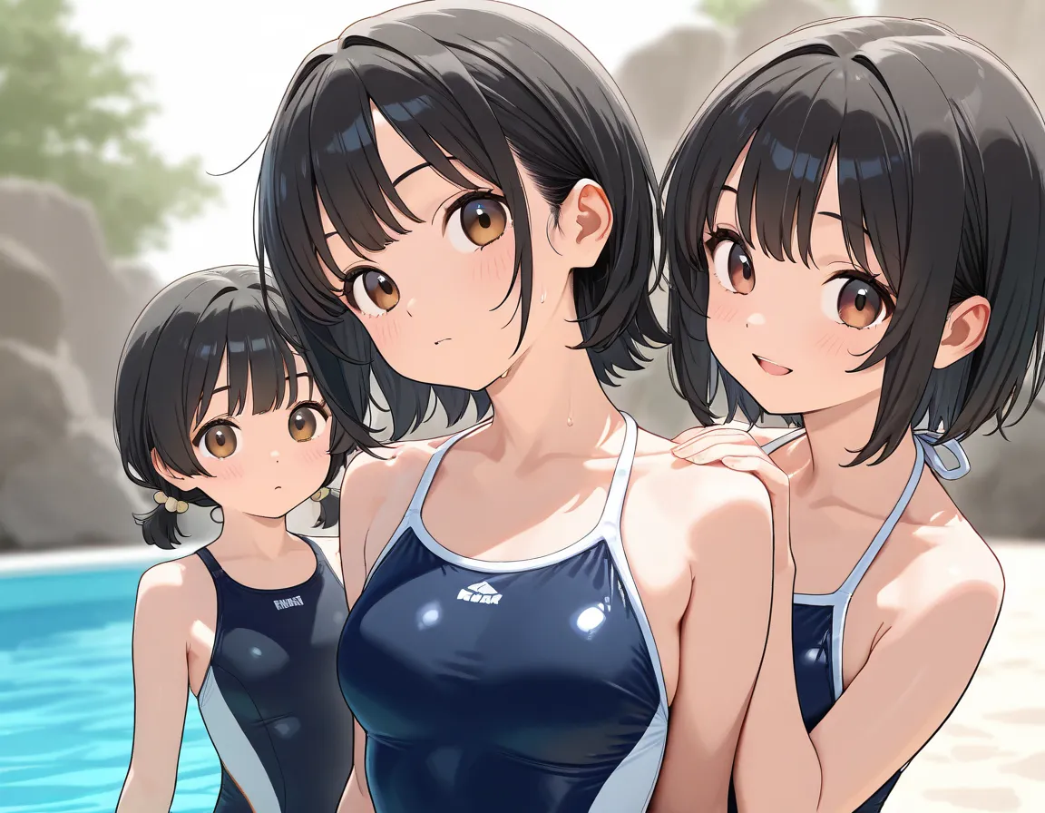 girl with three heads、 black hair, brown eyes, swimsuit