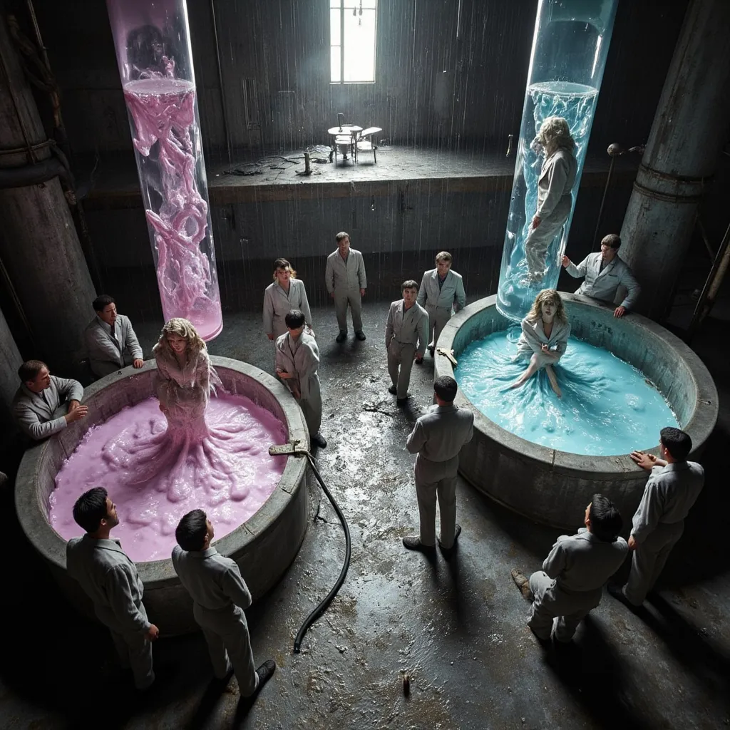 Surreal black and white futuristic image: aerial view of a dark, damp, slimy laboratory in the drizzle. Two amorphous creatures with human faces, liquids fill two huge pools, one is pink and the other light blue, occupy the center, along with a third tube ...