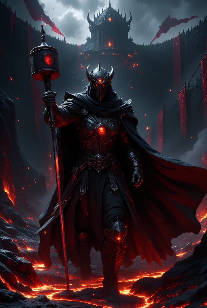 Morgoth, dark lord, large hammer of war, big, fighting king of the elves, Fingolfin, shining armor, glimmering sword, very high resolution, 8k, dark fortess in the back ground, blood red flags hang from the walls, lava holes on the ground,