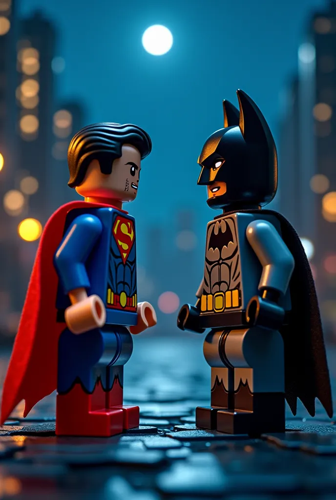 Superman and Batman in lego art, night