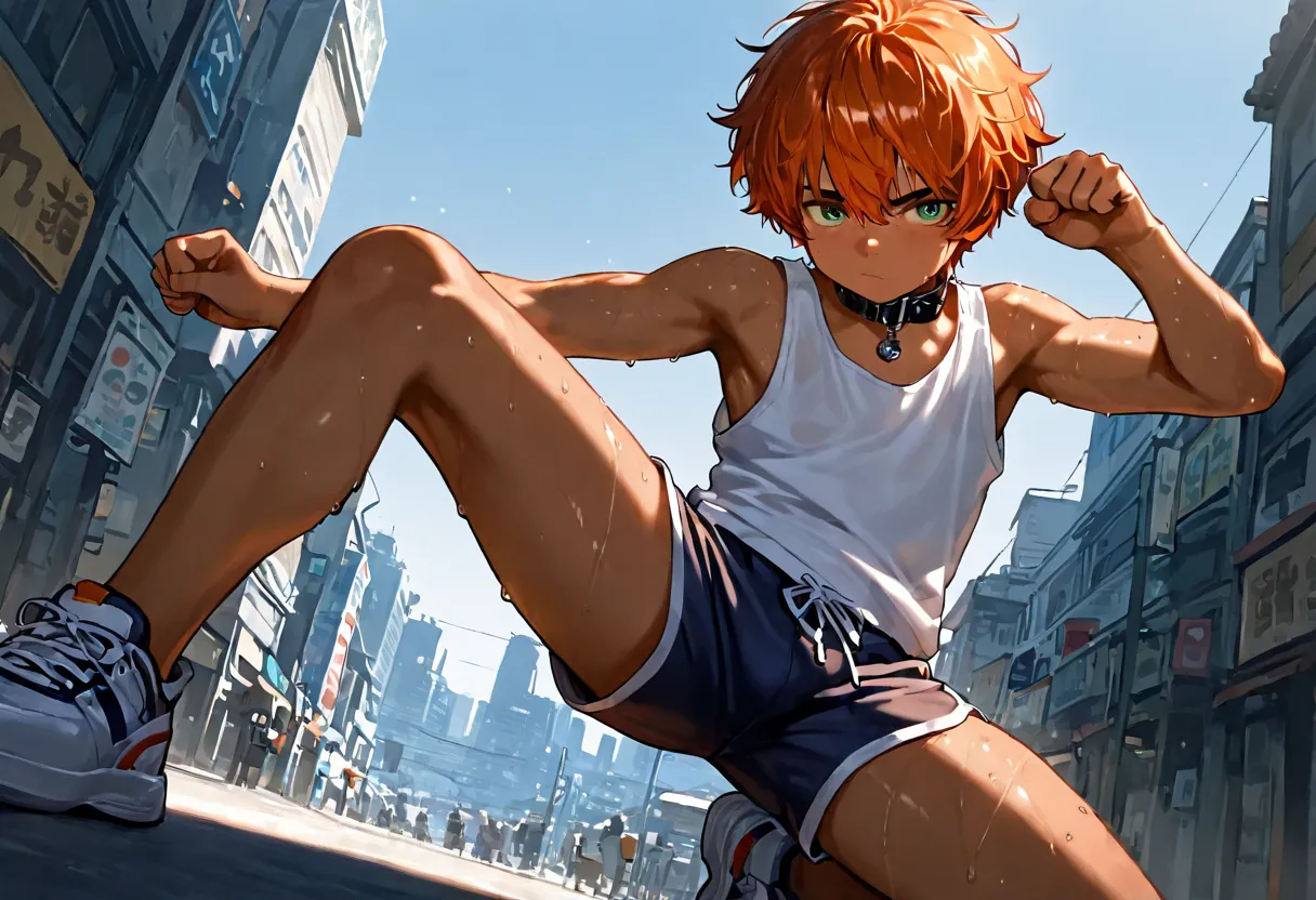 1boy, young male, 18yrs old, brown skin, sweat, dolphin shorts, tank top, fingerless grove, shoes, collar, fighting pose, sunshine, short hair, messy hair, orange hair, green eyes, cinematic lighting, masterpiece, best quality, city square, hong kong