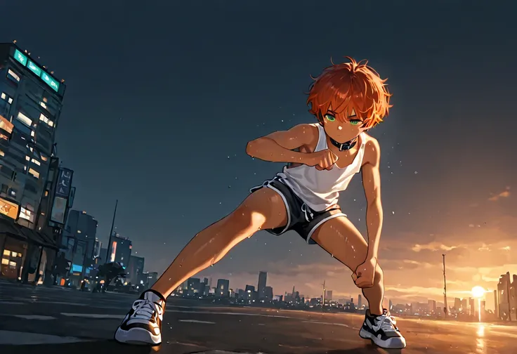 1boy, young male, 18yrs old, brown skin, sweat, dolphin shorts, tank top, fingerless grove, shoes, collar, fighting pose, sunshine, short hair, messy hair, orange hair, green eyes, cinematic lighting, masterpiece, best quality, city square, hong kong