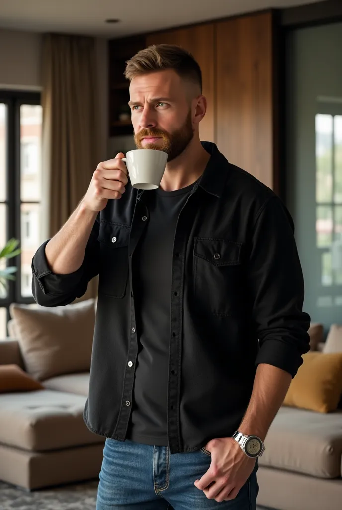 The luxurious living room of an apartment as a background,   A 36 year old teacher, Male hair, short hair, white skin,  green eyes ,  beard lock  , moderately muscular body,  using a comfortable tight black flannel, wearing a blue bluejean, a silver watch ...