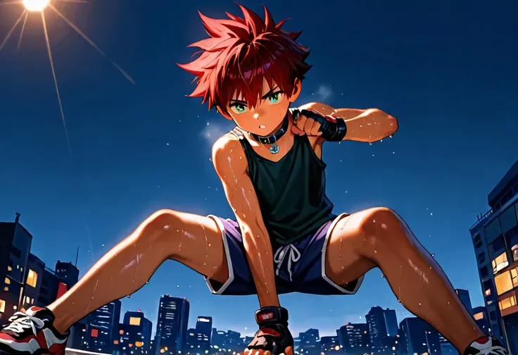 1boy, young male, 18yrs old, brown skin, sweat, dolphin shorts, tank top, fingerless grove, shoes, collar, fighting pose, sunshine, short hair, spiked hair, red hair, green eyes, cinematic lighting, masterpiece, best quality, city square, hong kong