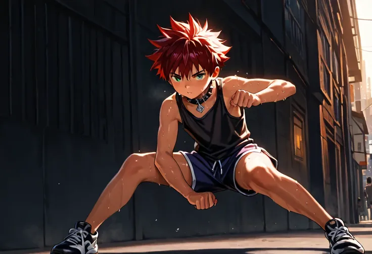 1boy, young male, 18yrs old, brown skin, sweat, dolphin shorts, tank top, fingerless grove, shoes, collar, fighting pose, sunshine, short hair, spiked hair, red hair, green eyes, cinematic lighting, masterpiece, best quality, city square, hong kong