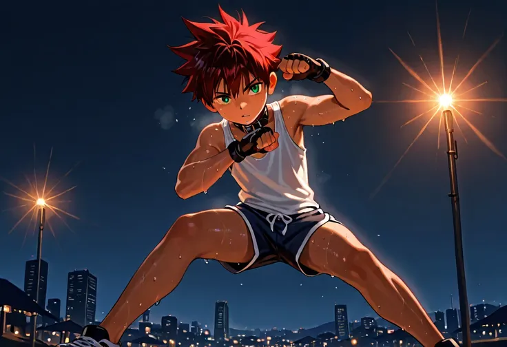 1boy, young male, 18yrs old, brown skin, sweat, dolphin shorts, tank top, fingerless grove, shoes, collar, fighting pose, sunshine, short hair, spiked hair, red hair, green eyes, cinematic lighting, masterpiece, best quality, city square, hong kong
