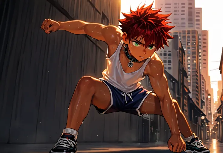1boy, young male, 18yrs old, brown skin, sweat, dolphin shorts, tank top, fingerless grove, shoes, collar, fighting pose, sunshine, short hair, spiked hair, red hair, green eyes, cinematic lighting, masterpiece, best quality, city square, hong kong