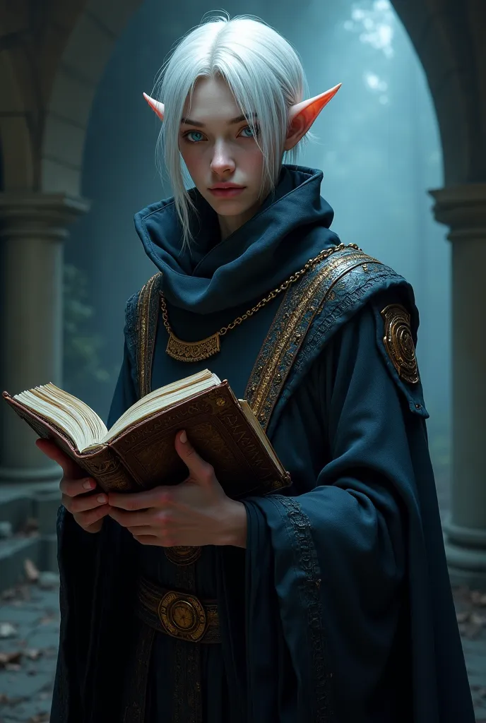 make an image of a dungeons and dragons style personagen of a half elf with white skin, short, straight, white hair, eyes completely filled with a bright navy blue color, he wears black wizard clothes and carries a large grimoire containing dark magic.