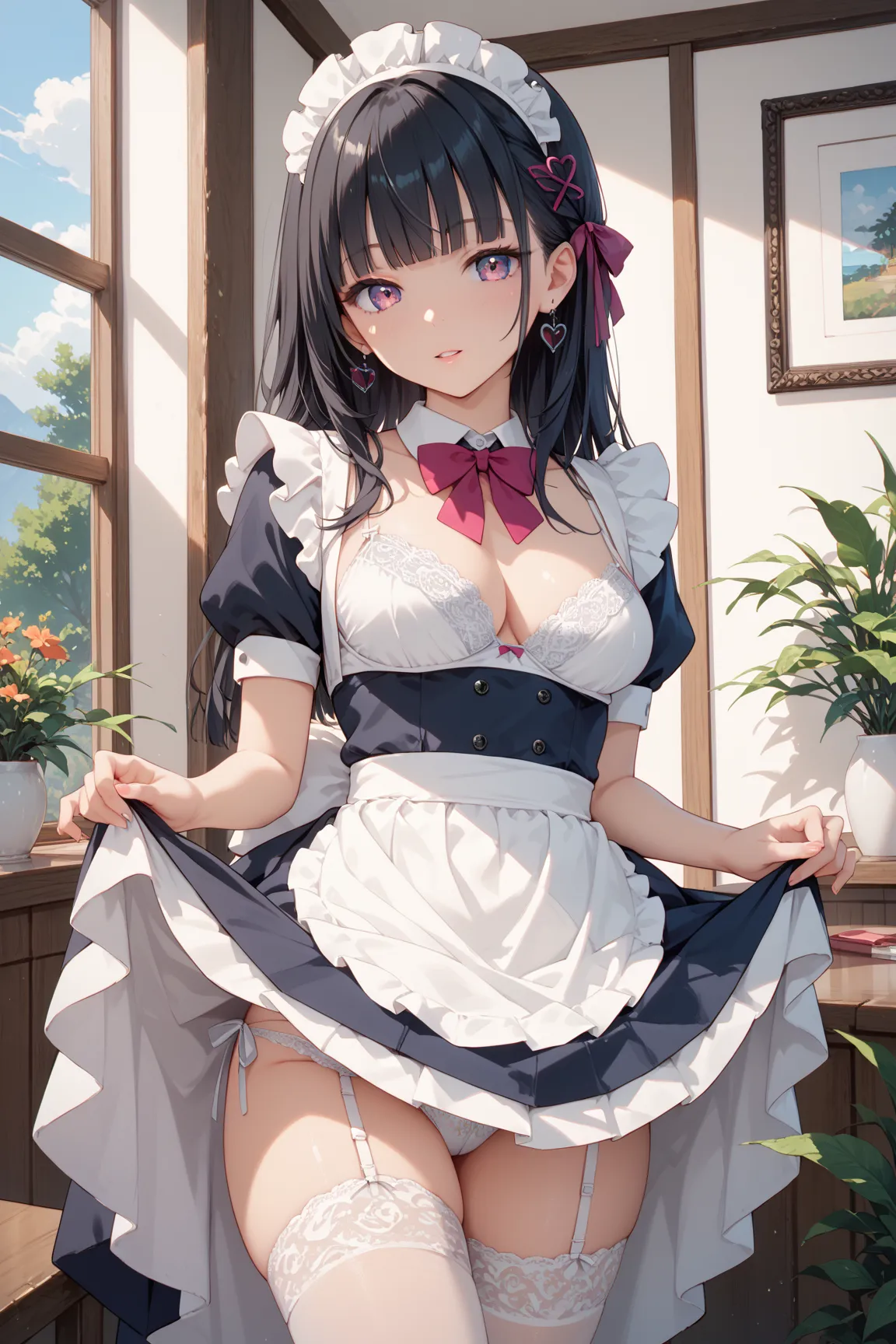 (Ultra High Quality)(beautiful face)  high school student, maid clothes、 straight hair (black)( blunt bang),  skirt lift, white lingerie, 