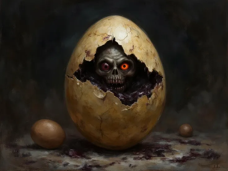 A terrifying Easter egg, cracked open to reveal a grotesque, nightmarish entity emerging from within. The shell is jagged and fractured, covered in dark stains. The creature inside has hollow, glowing eyes and twisted, skeletal features, shrouded in creepi...