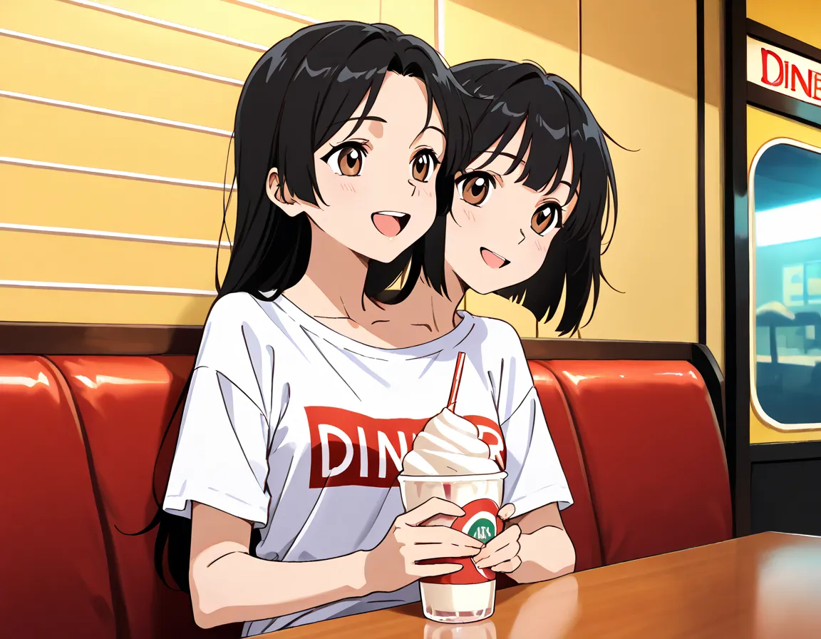 anime girl with two heads,  black hair, long hair on the left、Short hair on the right head, brown eyes, white t-shirt, drinking a milkshake, happy, sitting at the diner table