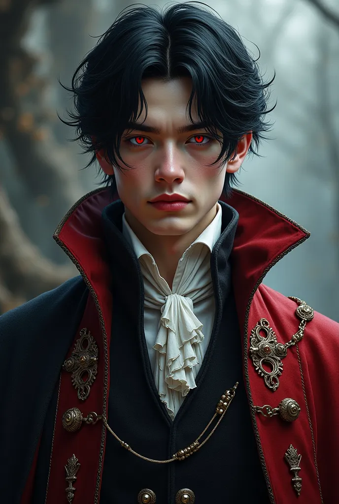 Now a man of about 25 years of age with a mysterious appearance, Cold that he is very handsome .  with black hair and red eyes , And dressed like a duke of the north from bygone days. 